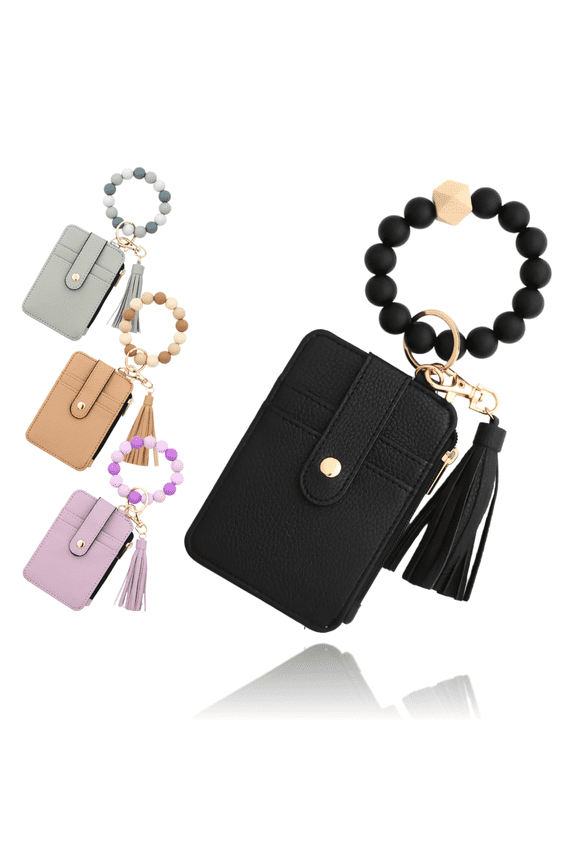 Wallet Keychain Wristlet for Women Boho Beaded Tassel Wristlet Keychain Bracelet Wallet Slim Credit Key Card Holder Purse