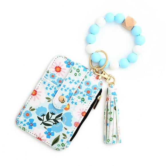 Wallet Keychain Wristlet for Women Cute Design Credit Card Holder Wallets Key Chain Ring Slim Small Pocket Purse for Ladies Girls Female,Retro Flower