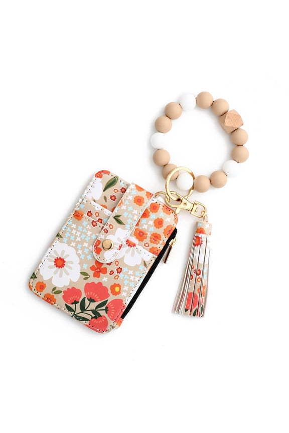 Wallet Keychain Wristlet for Women Cute Design Credit Card Holder Wallets Key Chain Ring Slim Small Pocket Purse for Ladies Girls Female,Retro Flower