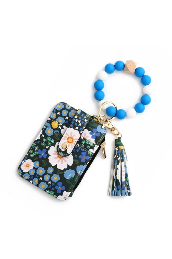 Wallet Keychain Wristlet for Women Cute Design Credit Card Holder Wallets Key Chain Ring Slim Small Pocket Purse for Ladies Girls Female,Retro Flower
