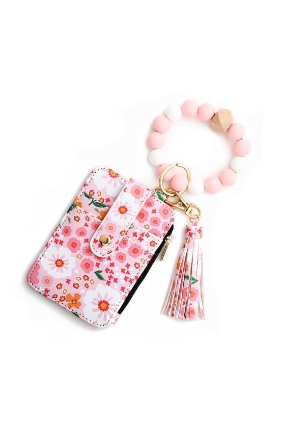 Wallet Keychain Wristlet for Women Cute Design Credit Card Holder Wallets Key Chain Ring Slim Small Pocket Purse for Ladies Girls Female,Retro Flower