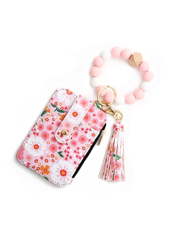 Wallet Keychain Wristlet for Women Cute Design Credit Card Holder Wallets Key Chain Ring Slim Small Pocket Purse for Ladies Girls Female,Retro Flower