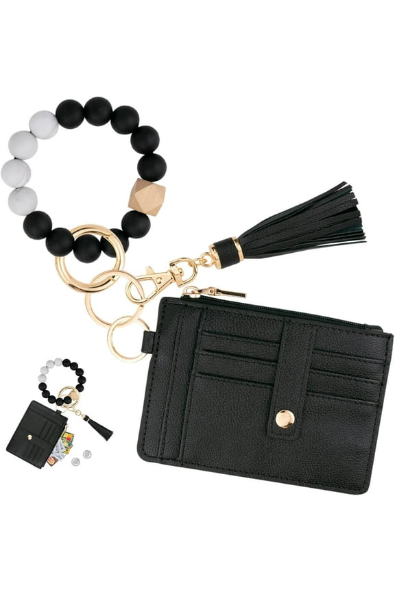 Wallet Keychain Wristlet for Women,Slim RFID Credit Card Holder Purse Tassel Keychain Bangle Key Ring for Men Women