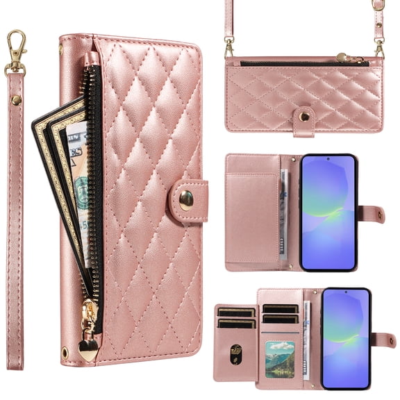 Wallet Lanyard Crossbody Strap Heavy Duty Case for Google Pixel 7 Pro with Cash Slots Card Holder Zipper Pocket Remium PU Leather TPU Full Body Protective Kickstand Rugged Phone Cover, Rosegold