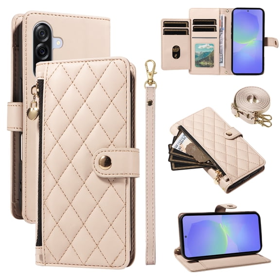 Wallet Lanyard Crossbody Strap Heavy Duty Case for Samsung Galaxy A25 5G with Cash Slots Card Holder Zipper Pocket Remium PU Leather TPU Full Body Protective Kickstand Rugged Phone Cover, Beige