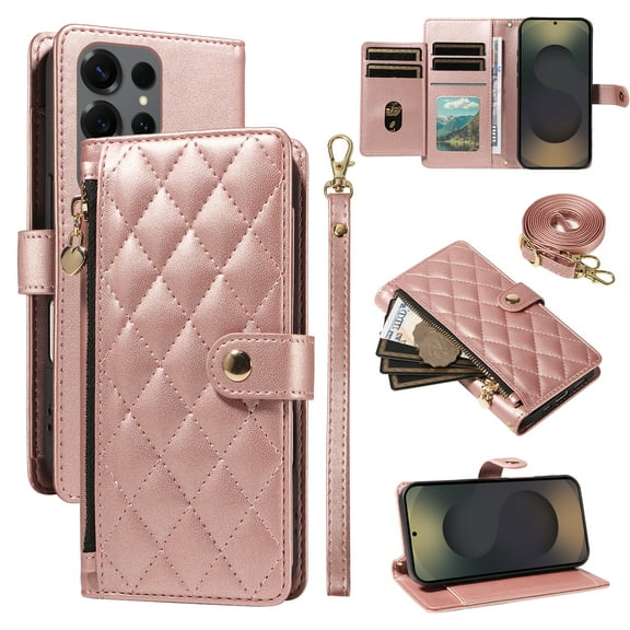 Wallet Lanyard Crossbody Strap Heavy Duty Case for Samsung Galaxy S25 Ultra with Cash Slots Card Holder Zipper Pocket Remium PU Leather TPU Full Body Protective Kickstand Rugged Phone Cover, Rosegold