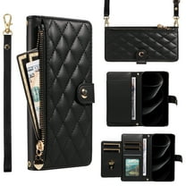 Wallet Lanyard Crossbody Strap Heavy Duty Case for iPhone 12 Pro / 12 with Cash Slots Card Holder Zipper Pocket Remium PU Leather TPU Full Body Protective Kickstand Rugged Phone Cover, Black