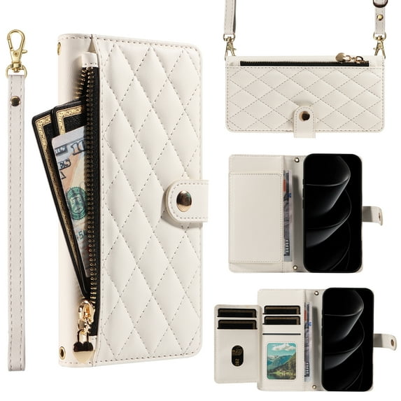Wallet Lanyard Crossbody Strap Heavy Duty Case for iPhone 16 Pro Max with Cash Slots Card Holder Zipper Pocket Remium PU Leather TPU Full Body Protective Kickstand Rugged Phone Cover, White