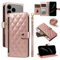 Wallet Lanyard Crossbody Strap Heavy Duty Case for iPhone 17 Pro Max with Cash Slots Card Holder Zipper Pocket Remium PU Leather TPU Full Body Protective Kickstand Rugged Phone Cover, Rosegold