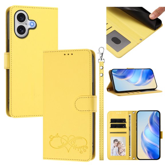 Wallet Leather Case For Apple iPhone 16 Plus 6.7",With Card Holder,Wristband, Shockproof Kickstand Embossed Happy Pattern Phone Case,Yellow,For iPhone 16 Plus