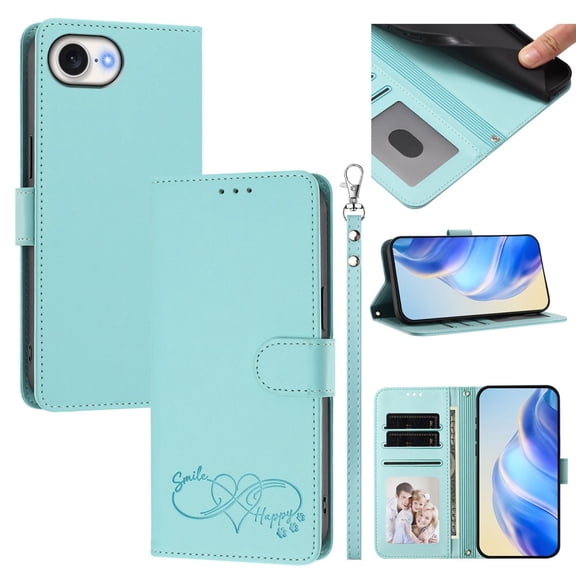 Wallet Leather Case For Apple iPhone 17e / 16e 6.1",With Card Holder,Wristband, Shockproof Kickstand Embossed Happy Pattern Phone Case,Light Green