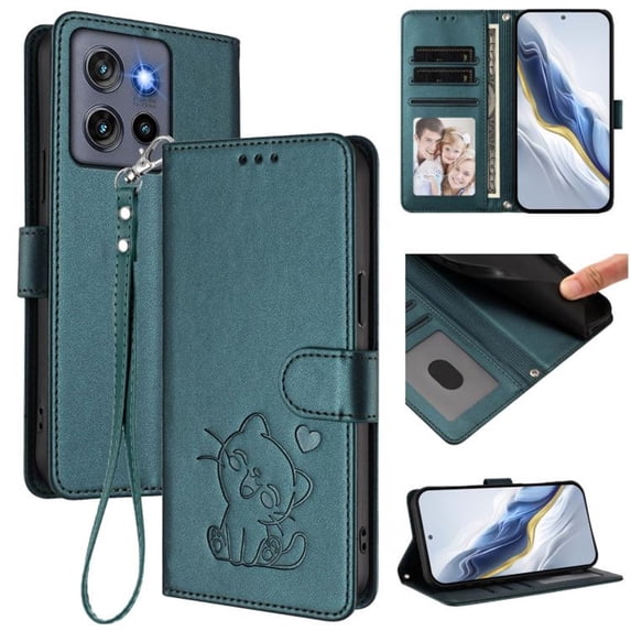 Wallet Leather Case For Motorola Moto G Stylus 5G 2025 6.7",with Card Holder,wristband, Shockproof Kickstand Embossed Love Cat Phone Case,Dark Green