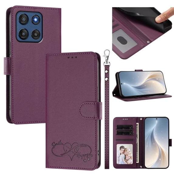 Wallet Leather Case For Motorola Moto G Stylus 5G 2026 6.7",With Card Holder,Wristband, Shockproof Kickstand Embossed Happy Pattern Phone Case,Purple