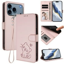 Wallet Leather Case For iPhone 17 Pro 6.3",with Card Holder,wristband, Shockproof Kickstand Embossed Love Cat Phone Case,Pink,For iPhone 17 Pro