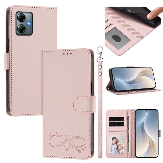 Wallet Leather Case For Motorola Moto G Play 2025 6.8",With Card Holder,Wristband, Shockproof Kickstand Embossed Happy Pattern Phone Case,Pink,For Moto G Play 2025