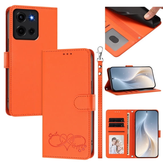 Wallet Leather Case For Motorola Moto G Play 5G 2026 6.7",With Card Holder,Wristband, Shockproof Kickstand Embossed Happy Pattern Phone Case,Orange,For Moto G Play 5G 2026