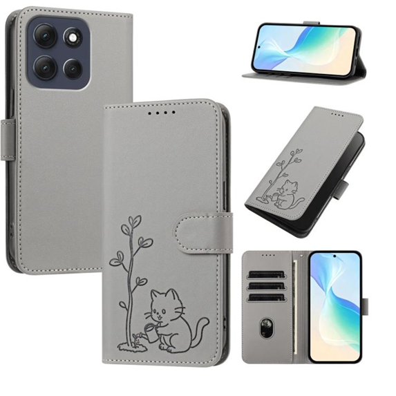 Wallet Leather Case For Motorola Moto G86 5G 6.67",with Card Holder,wristband, Shockproof Kickstand Embossed Little Cat Watering Tree Phone Case,Grey,For Moto G86 5G