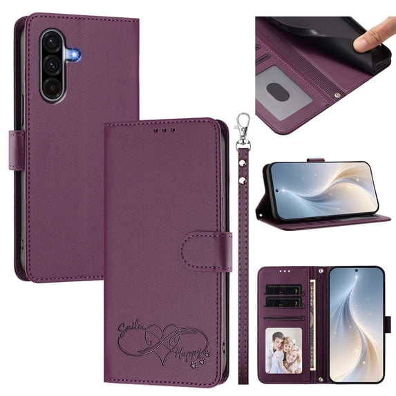 Wallet Leather Case For Samsung Galaxy A36 5G 6.7",With Card Holder,Wristband, Shockproof Kickstand Embossed Happy Pattern Phone Case,Purple,For Galaxy A36 (5G)