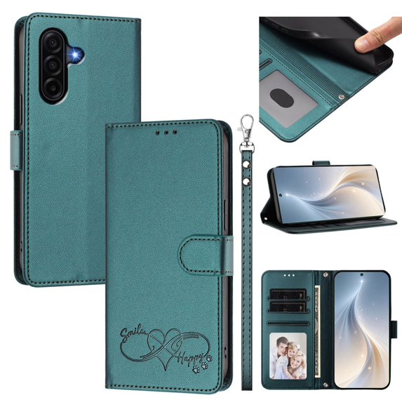 Wallet Leather Case For Samsung Galaxy A37 5G 6.7",With Card Holder,Wristband, Shockproof Kickstand Embossed Happy Pattern Phone Case,Green,For Galaxy A37 5G