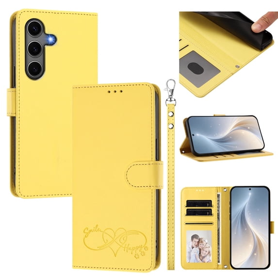 Wallet Leather Case For Samsung Galaxy S24 5G / S25 5G 6.2",With Card Holder,Wristband, Shockproof Kickstand Embossed Happy Pattern Phone Case,Yellow,For Galaxy S24/S25 (5G)