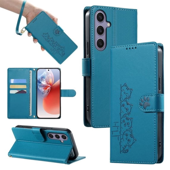 Wallet Leather Case For Samsung Galaxy S25 5G / Galaxy S24 5G 6.2",with Card Holder,wristband, Shockproof Kickstand Embossed Cute Cats, Snap Phone Case,Blue