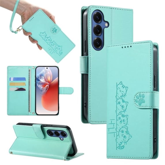 Wallet Leather Case For Samsung Galaxy S26 5G 6.3",with Card Holder,wristband, Shockproof Kickstand Embossed Cute Cats, Snap Phone Case,Green,For Galaxy S26 (5G)
