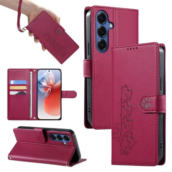 Wallet Leather Case For Samsung Galaxy S26 5G 6.3",with Card Holder,wristband, Shockproof Kickstand Embossed Cute Cats, Snap Phone Case,Red,For Galaxy S26 (5G)