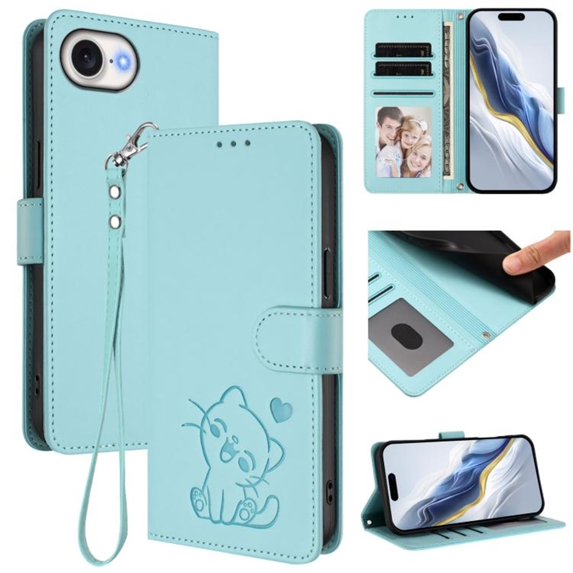 Wallet Leather Case For iPhone 17e / iPhone 16e 6.1",with Card Holder,wristband, Shockproof Kickstand Embossed Love Cat Phone Case,Mint Green,For iPhone 17e / 16e