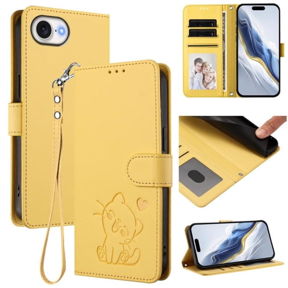 Wallet Leather Case For iPhone 17e / iPhone 16e 6.1",with Card Holder,wristband, Shockproof Kickstand Embossed Love Cat Phone Case,Yellow,For iPhone 17e / 16e