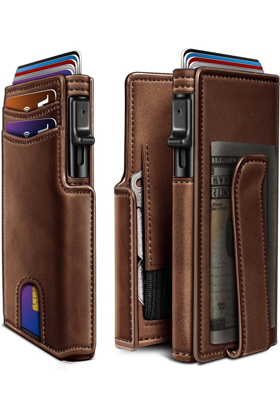 Wallet For Men Magnetic Minimalist Slim With Pop Up Card Holder 9 Cards Rfid Blocking Metal Credit Case Leather Wrapped Money Clip Id Window & Small Item Slot Gift Boxed