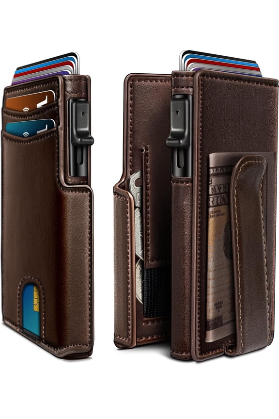 Wallet For Men  Magnetic Minimalist Slim With Pop Up Card Holder 9 Cards Rfid Blocking Metal Credit Case Leather Wrapped Money Clip Id Window & Small Item Slot Gift Boxed
