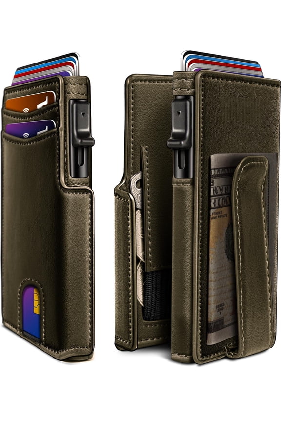 Wallet For Men Magnetic Minimalist Slim With Pop Up Card Holder 9 Cards Rfid Blocking Metal Credit Case Leather Wrapped Money Clip Id Window & Small Item Slot Gift Boxed