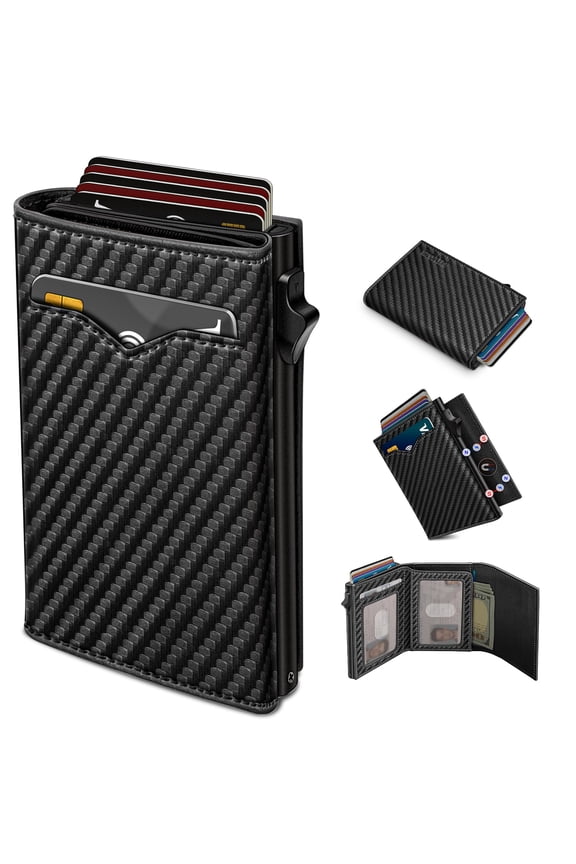 Wallet For Men With Pocket 2 Id Window 9-13 Cards Metal Case Smart Slim Pop Up Credit Card Holder Flip Magnetic Closure Rfid Blocking Trifold Gift Box