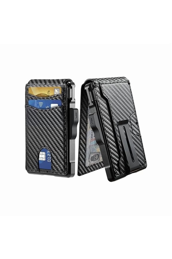 Wallet for Men - Pop Up Case, Cash Slot, and Credit Card Slot - Slim Aluminum Wallet with RFID Blocking, Minimalist Leather Wallet Front Pocket with ID Window, Gift Box (Carbon Fiber)