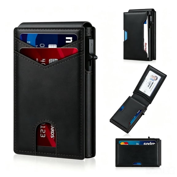 Wallet for Men, Slim Pop Up Card Holder with RFID Blocking, Minimalist Bifold Wallet with 8 Card Slots, ID Window and Cash Pocket, Metal Flip Case with Magnetic Closure, Gift Box