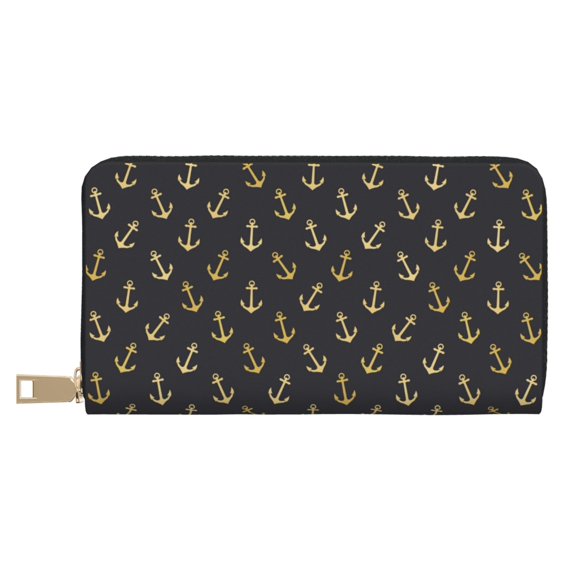 Wallet for Men Women, cool golden anchor black PU Leather Waterproof Travel Wallet, Credit Card Holder with Coin Purse Zipper Wallet, Wallets with Card Cases Money Organizers