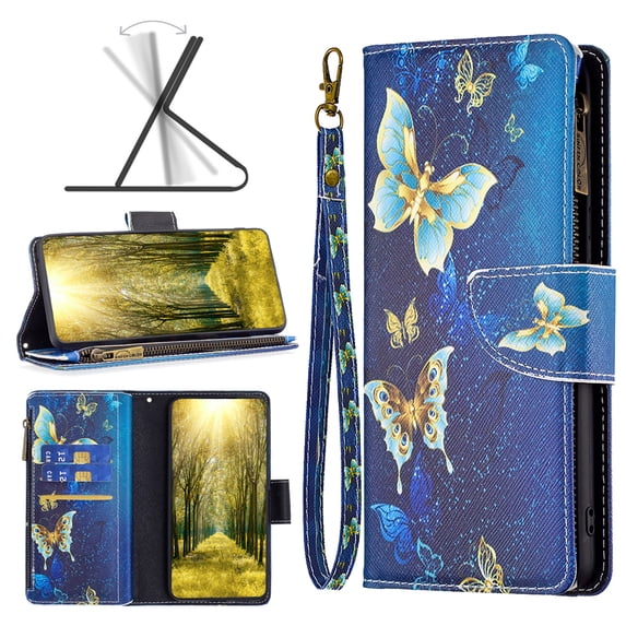 Wallet Nothing Phone (1) Case Zipper Purse Embossed Pattern Premium Leather Wallet Cover Flip Stand Card Slots Holder Magnetic with Wrist Strap Case for Nothing Phone (1), Gold Butterfly