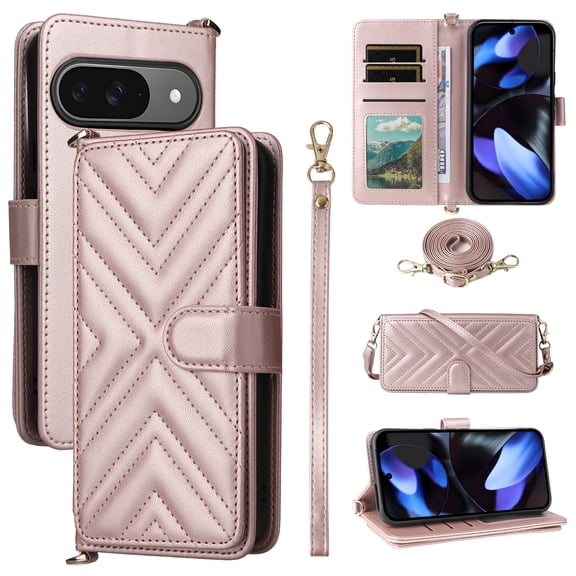 Wallet Phone Case for Apple Google Pixel 10 /10 Pro, Crossbody Shoulder Strap + Hand Wrist Multiple Cards Slots Flip Cover Stand Protective Shockproof Stylish Case Cover for Pixel 10 /10 Pro,Pink