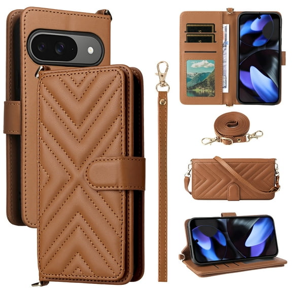 Wallet Phone Case for Apple Google Pixel 9A, Crossbody Shoulder Strap + Hand Wrist Multiple Cards Slots Flip Cover Stand Protective Shockproof Stylish Case Cover for Google Pixel 9A, Brown