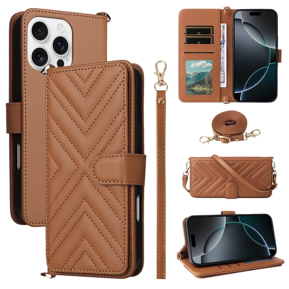 Wallet Phone Case for Apple iPhone 12 Pro / iPhone 12 6.1", Crossbody Shoulder Strap + Hand Wrist Multiple Cards Slots Flip Cover Stand Protective Shockproof Stylish Case Cover for Women Girls, Brown