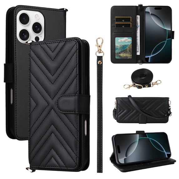 Wallet Phone Case for Apple iPhone 12 Pro / iPhone 12 6.1", Crossbody Shoulder Strap + Hand Wrist Multiple Cards Slots Flip Cover Stand Protective Shockproof Stylish Case Cover for Women Girls, Black