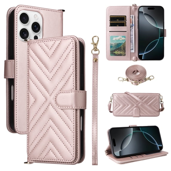 Wallet Phone Case for Apple iPhone 13 Pro Max, Crossbody Shoulder Strap + Hand Wrist Multiple Cards Slots Flip Cover Stand Protective Shockproof Stylish Case Cover for iPhone 13 Pro Max, Pink