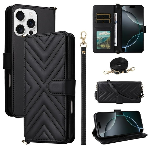 Wallet Phone Case for Apple iPhone XS/ iPhone X, Crossbody Shoulder Strap + Hand Wrist Multiple Cards Slots Flip Cover Stand Protective Shockproof Stylish Case Cover for iPhone XS/ iPhone X, Black
