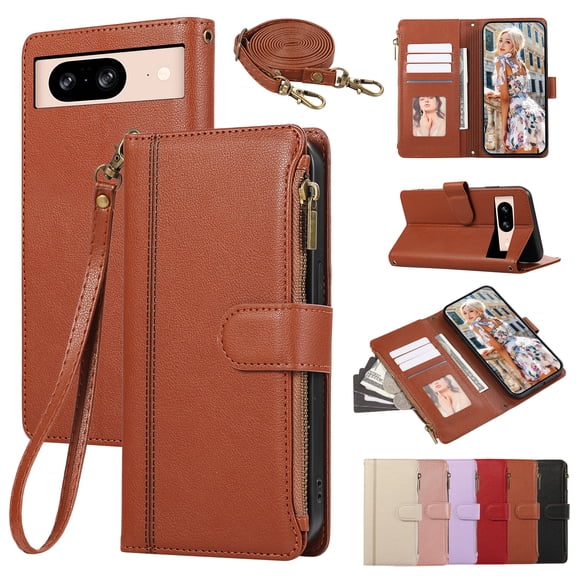Wallet Phone Case Compatible with Google Pixel 8,Retro PU Leather Strap Wristlet Flip Phone Case with Magnetic Closure,[RFID Blocking] Card Holder and Kickstand for Men Women,Brown