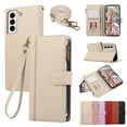 thumbnail image 1 of Wallet Phone Case Compatible with Samsung Galaxy S23,Retro PU Leather Strap Wristlet Flip Phone Case with Magnetic Closure,[RFID Blocking] Card Holder and Kickstand for Men Women,Beige, 1 of 8