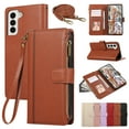 thumbnail image 1 of Wallet Phone Case Compatible with Samsung Galaxy S23,Retro PU Leather Strap Wristlet Flip Phone Case with Magnetic Closure,[RFID Blocking] Card Holder and Kickstand for Men Women,Brown, 1 of 8