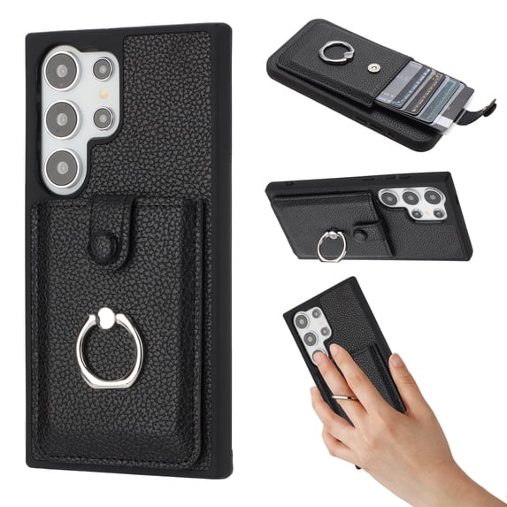 Wallet Phone Case Compatible with Samsung Galaxy S23 Ultra,With 360° Rotatable Finger Ring Holder Kickstand,Card Slots,PU Leather Shockproof Anti-fall Heavy Duty Rugged Phone Case,Black