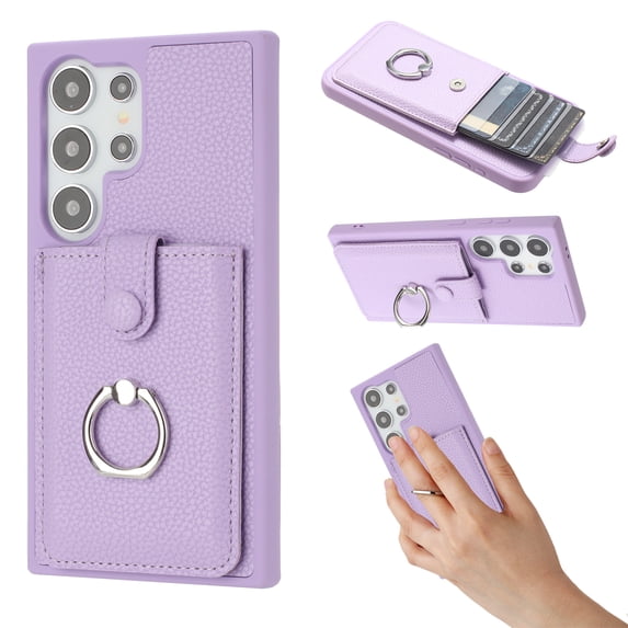 Wallet Phone Case Compatible with Samsung Galaxy S24 Ultra,With 360° Rotatable Finger Ring Holder Kickstand,Card Slots,PU Leather Shockproof Anti-fall Heavy Duty Rugged Phone Case,Purple