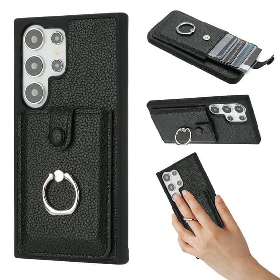 Wallet Phone Case Compatible with Samsung Galaxy S24 Ultra,With 360° Rotatable Finger Ring Holder Kickstand,Card Slots,PU Leather Shockproof Anti-fall Heavy Duty Rugged Phone Case,Black