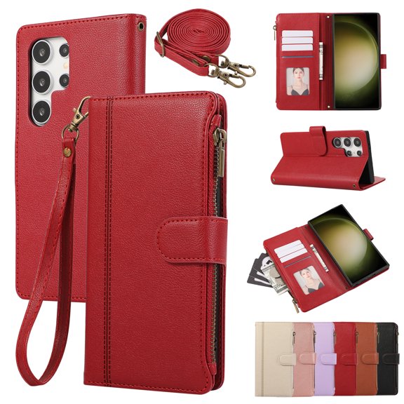 Wallet Phone Case Compatible with Samsung Galaxy S25 Edge,Retro PU Leather Strap Wristlet Flip Phone Case with Magnetic Closure,[RFID Blocking] Card Holder and Kickstand for Men Women,Red